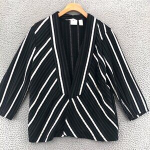 Chicos Blazer Womens 1 US Medium Black White Striped Open Front Shawl Lapel Work